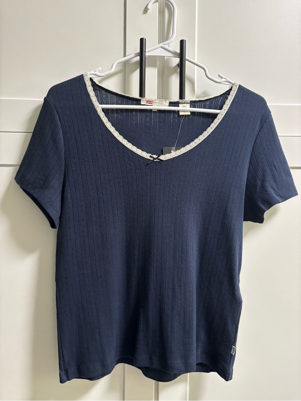 Levi's Navy Short Sleeve Knit Top with White Lace Trim - Size L